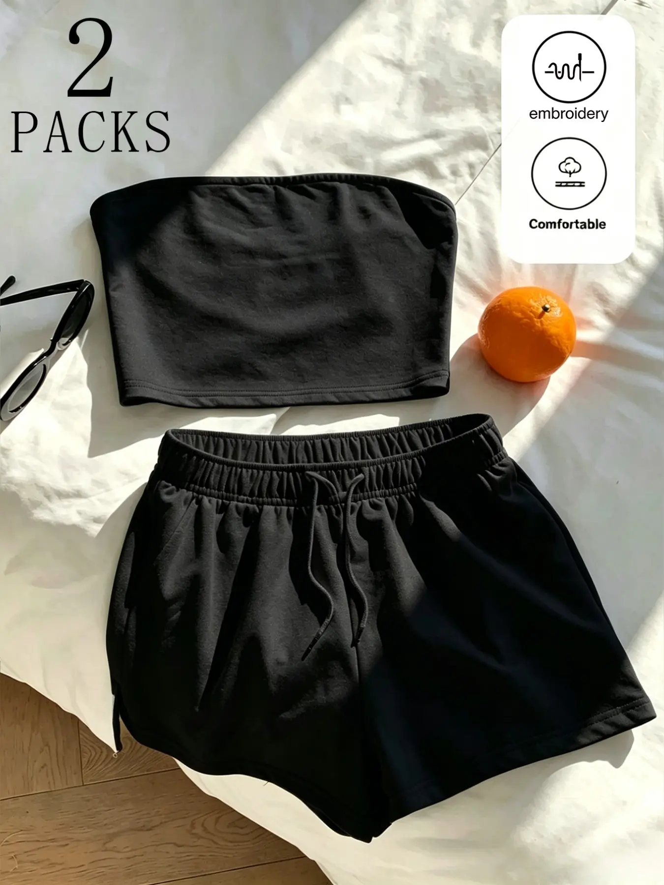 Women's 2-Pack White Strapless Tube Top & Dolphin Shorts Set, Casual Comfy Embroidery Loungewear, High Waist Drawstring Shorts, Soft Stretchy Fabric for Summer Outfits Inspo, Boho Streetwear, for Beach Days & Going Out Tops, Clothes Fashion