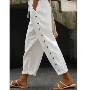 Cotton Linen Pants for Women Summer Casual Capri Pants Waist Elastic Comfy Loose Women's Palazzo Trousers with Pockets 2025