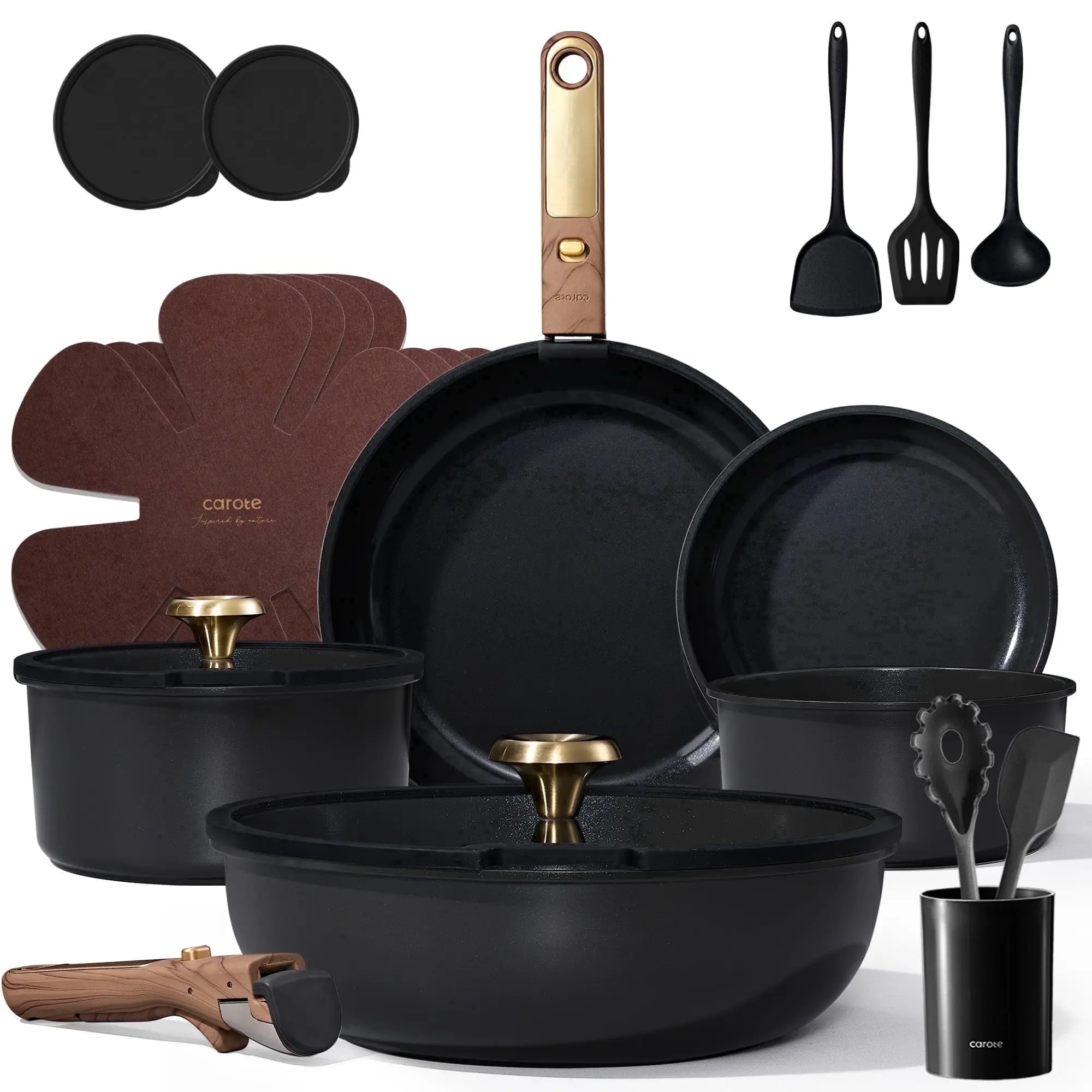 CAROTE 21-Piece Ceramic Cookware Set , Nonstick Pots and Pans Set with Detachable Handle and Lids, Induction Compatible, Black