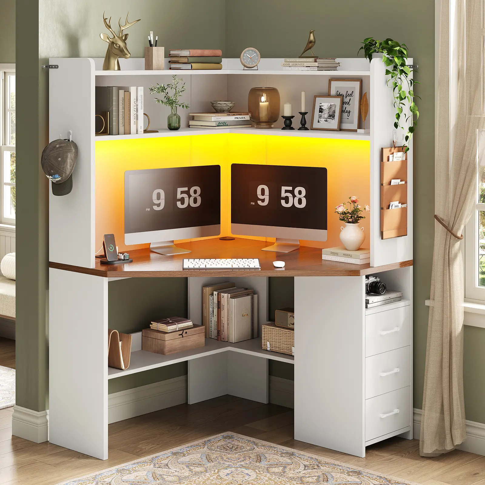 SEDETA 31.5" Corner Desk for Small Space, Corner Gaming Desk with 3 Drawers & LED Lights, Corner Desk with Hutch, Corner Computer Desk with Storage Shelves & Power Strip for Home Office