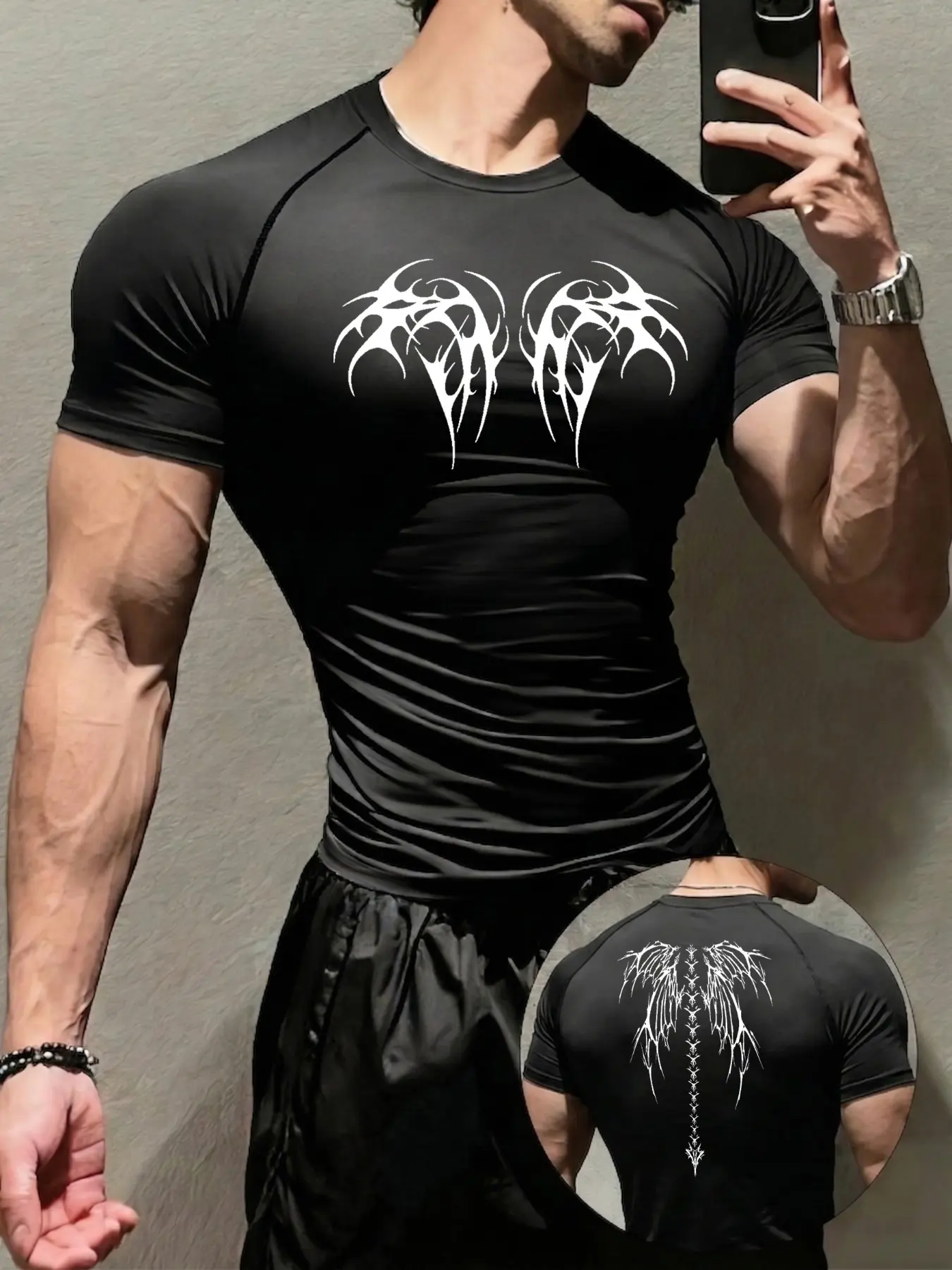 1pc Men's Black Compression Shirt Gothic Print with Thorn Spine Wings Print Back Graphic,Athletic Top for Gym & Bodybuilding, Fitness Running Tops, Breathable Quick Dry Base Layer for Fitness Running Powerlifting Training