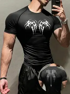 1pc Men's Black Compression Shirt Gothic Print with Thorn Spine Wings Print Back Graphic,Athletic Top for Gym & Bodybuilding, Fitness Activewear, Breathable Quick Dry Athletic Performance Base Layer for Fitness Running Powerlifting Training.