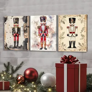 Vintage Nutcracker Pattern Wooden Framed Canvas Painting, 3 Counts/set Creative Christmas Wall Art, Wall Decor for Home Living Room Bedroom Office