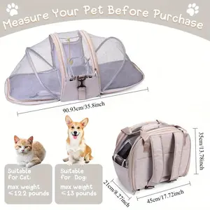 Foldable Soft-Sided Pet Travel Backpack for Cats & Small Dogs - Ventilated Expandable Carrier with Ergonomic Design, Multiple Zipper Compartments & Top Handle - Lightweight Breathable Mesh for Safe Outdoor Trips, Padded Shoulder Strap, Backpack for T