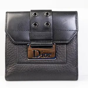 Pre-owned Dior Leather Small Leather Goods Black Compact Wallet D26040292