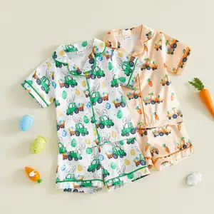 Babamoon Kids Baby Boys 2Pcs Easter Pajamas Sets Short Sleeve Lapel V Neck Button Down Truck Egg Print Tops and Shorts Sleepwear 1-7 Years