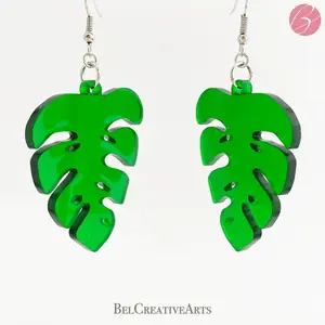 Green earrings in a monstera leaf pattern, made of lightweight translucent acrylic, drop dangle style, handmade in Virginia, great gift for her