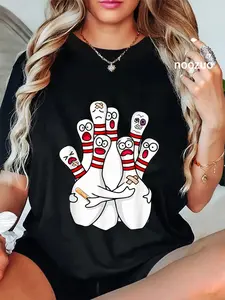 100% Cotton Unisex Cartoon Bowling Scared Bowling Pins Funny Sport Bowler T-Shirt Casual Top