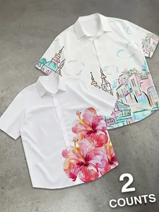 2-Pack Tropical Hibiscus & Mediterranean City Print Button Down Shirts | Summer Vacation Beach Casual Aloha Shirts Set