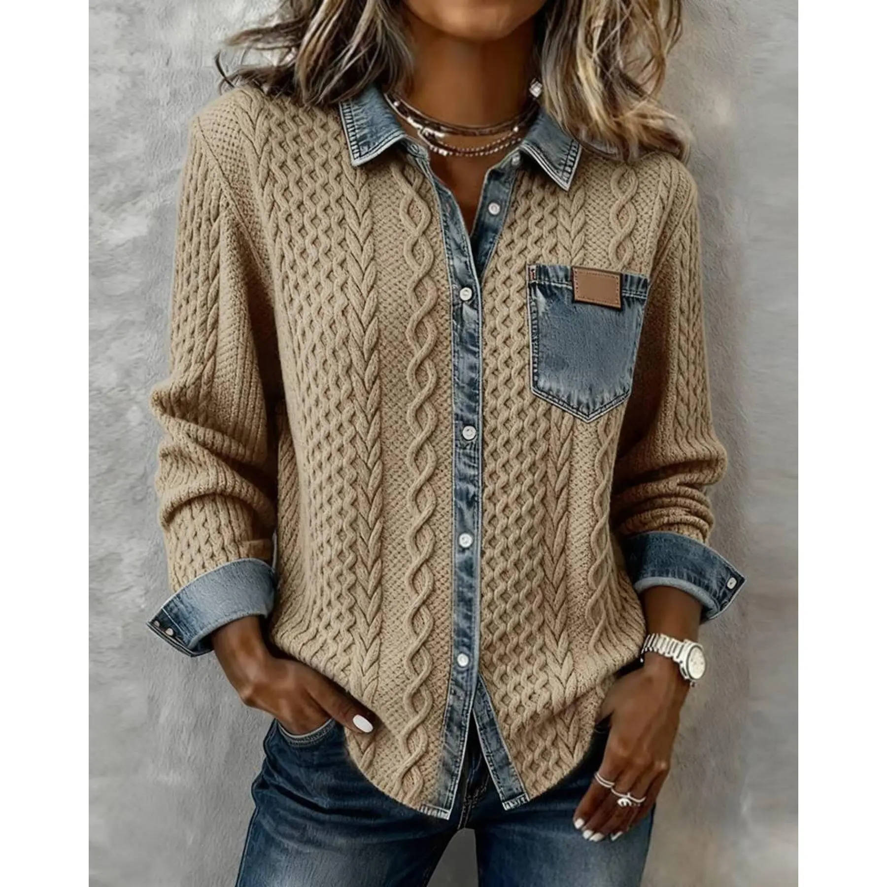 Women's Knitted Patchwork Denim Shirt, Autumn/Winter Fashionable and Versatile Long-Sleeved Cardigan