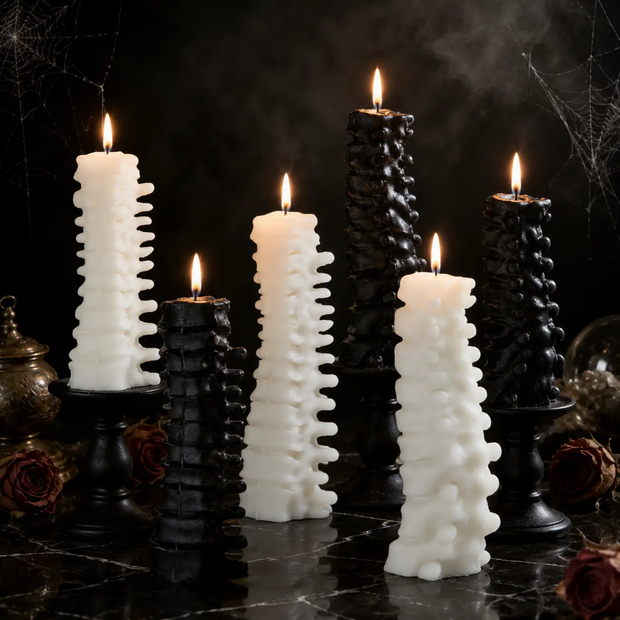 Gothic Spine Sculptural Candle, Black or Ivory Ribbed Pillar for Halloween Decor, Dark Academia Table Centerpiece and Spooky Home Gift