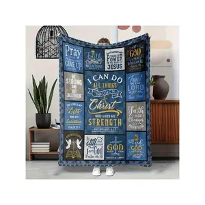 Christian Bible Verse Inspirational Throw Blanket - Blue & Gold Religious Decor Blanket