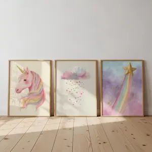 Unframed Printable Unicorn Wall Art Set of 3, Magical Nursery Decor, Rainbow Star Prints for Kids Room, Dreamy Pastel Artwork Decor Gift