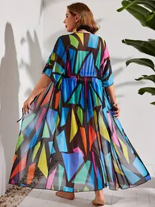 Plus Size Colorful Geometric Sheer Kimono Cover Up Women Half Sleeve Drawstring Waist Open Front Long Maxi Beach Robe Swim Cover Up Dress