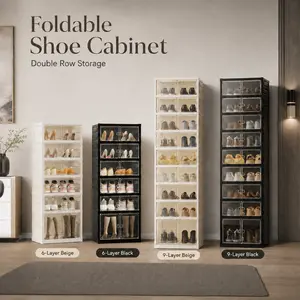 UFORU folding shoe rack, magnetic transparent door shoe cabinet, 9-layer storage for 18 pairs of shoes, simple design, large capacity, sturdy, stackable plastic shoe cabinet, space saving, no installation required, convenient and practical
