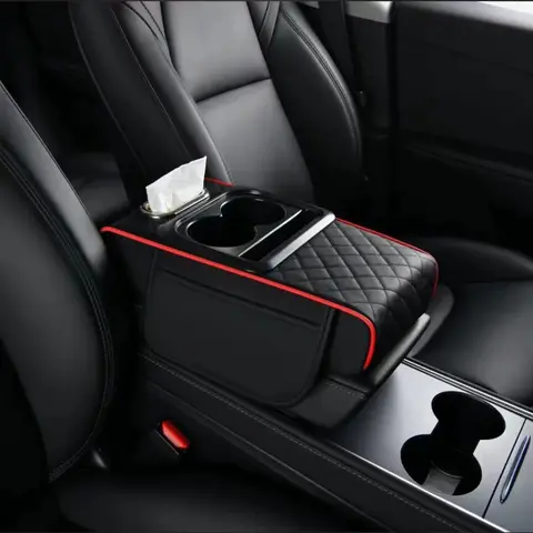 5-in-1 Leather & Faux Leather Car Armrest Cushion - 3" Memory Cotton Cushioned Car Console Organizer, 5in1 Console Tidy with Cup Holder, Phone Mount, 2 Bag Storage, Tissue Box Slot, Universal for Top Brand Vehicles