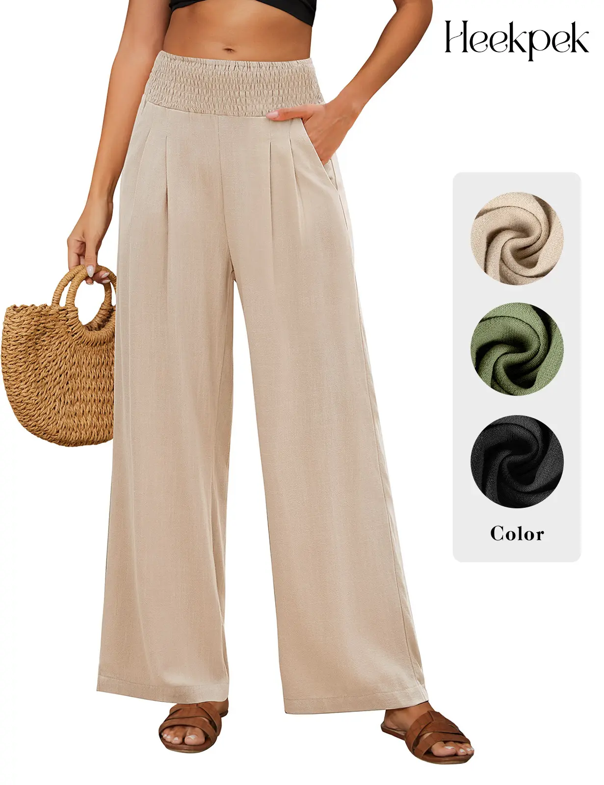 Heekpek Women's Linen Blend Wide Leg Pants - High Waisted Elastic Shirred Waist, Breathable Loose Trousers with Pockets for Summer Vacation Daily Wear。