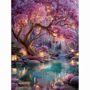 Enchanted Cherry Blossom Tree Diamond Painting Kit, glowing pink sakura over a tranquil pond with lanterns and lotus flowers, magical fantasy landscape, 5D round & square rhinestone diamond embroidery cross stitch DIY home decor