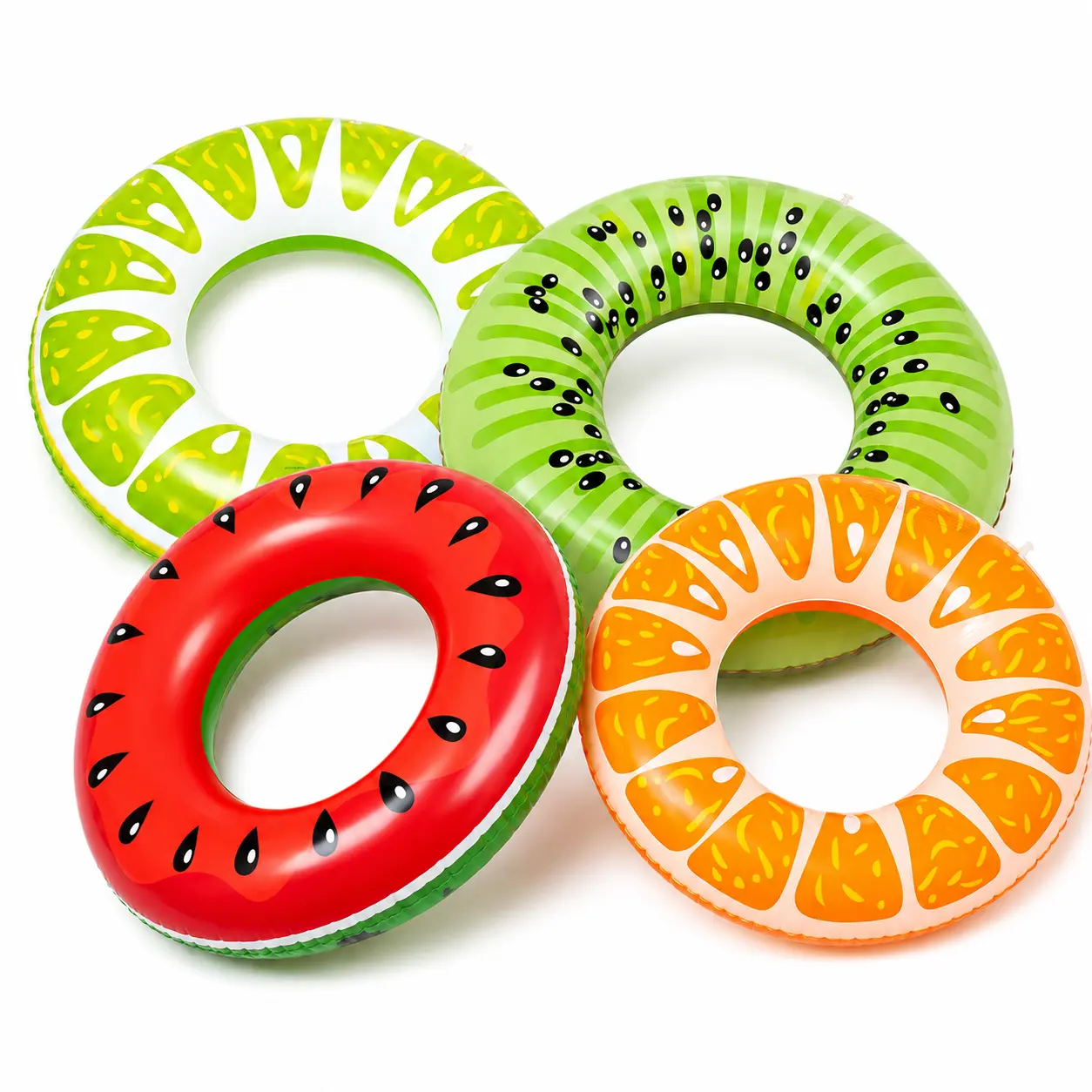 Tropical Fruit Floaties 4-Pack – Inflatable Swim Rings Deflate Small for Travel. Lemon/Kiwi/Watermelon/Orange Tubes. Use as Pool Party Decorations or Floating Seats. Pump Not Included – Grab Yours!
