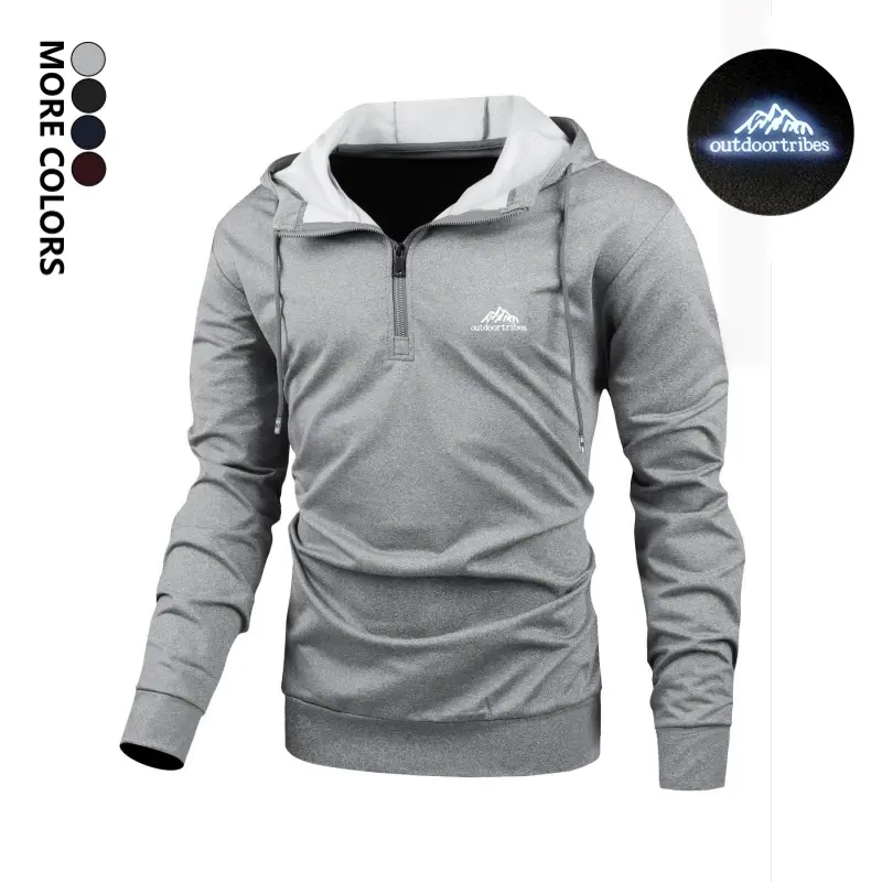 Men's Solid-Color Half-Zip Hooded Sweatshirt - Menswear, Casual Long-Sleeve Gym Hoodie with Chest Reflective Print for Everyday Wear & Outdoor Activities