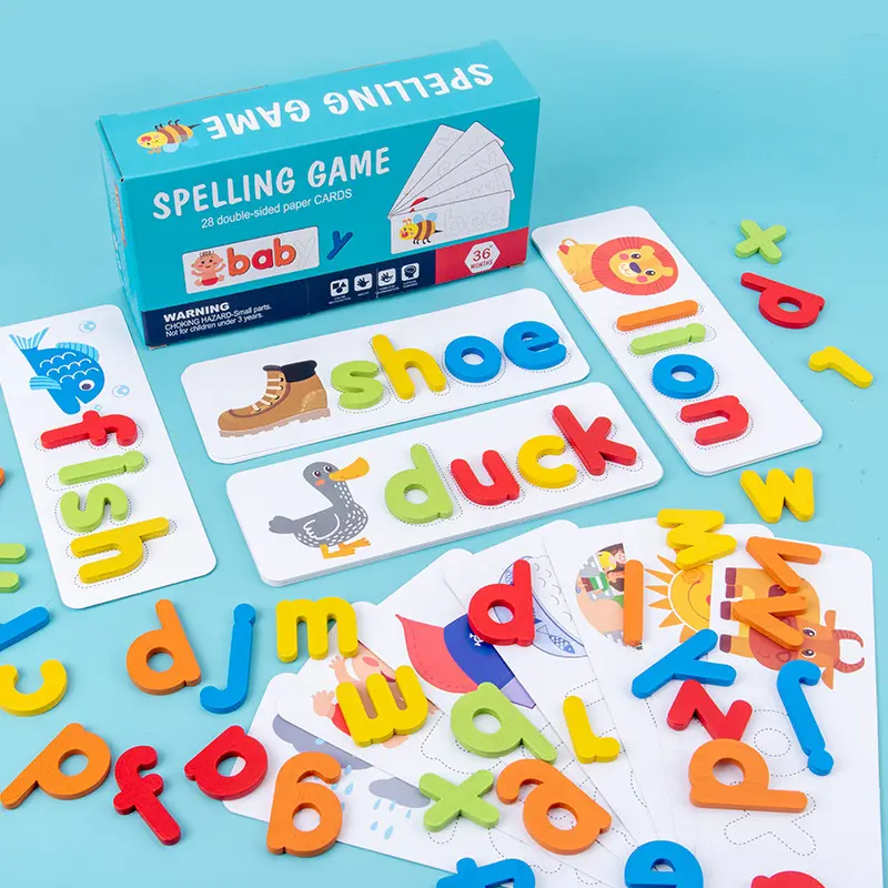 Spell Learning Toys, 28 Double-Sided Flash Cards 52 Wooden Alphabet Blocks, Puzzle Spell Game Matching Letter Games Classroom Educational Toys Word Building Toys with Storage Bag for Kids