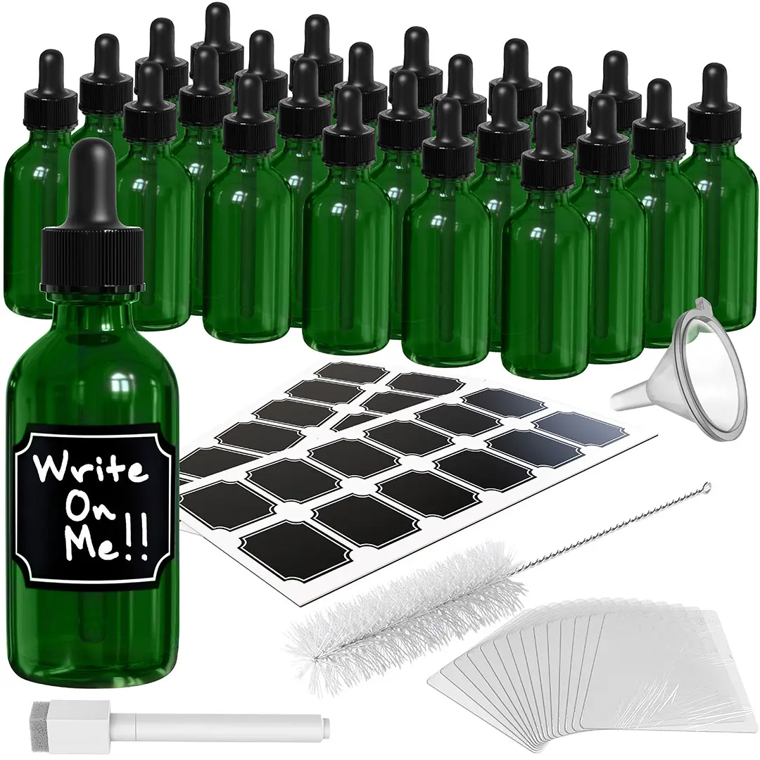 Nevlers 2 Oz Leakproof Green Glass Dropper Bottles (Pack of 24)