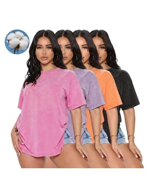 Women's 4-Pack Cotton T-Shirts, Solid-Color Loose-Fit Shortsleeve Crew Neck with Distressed Wash - Everyday Wardrobe Staples for a Chic Aesthetic, Tshirt