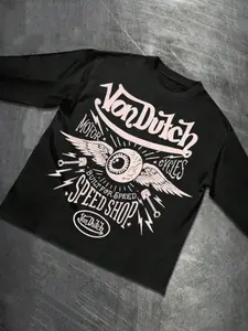 Men's Short Sleeve T-Shirt, Vintage Motorcycle Print Design, Graphics, 100% Cotton Fabric, Round Neck, Loose Fit, Long Length, Casual Style