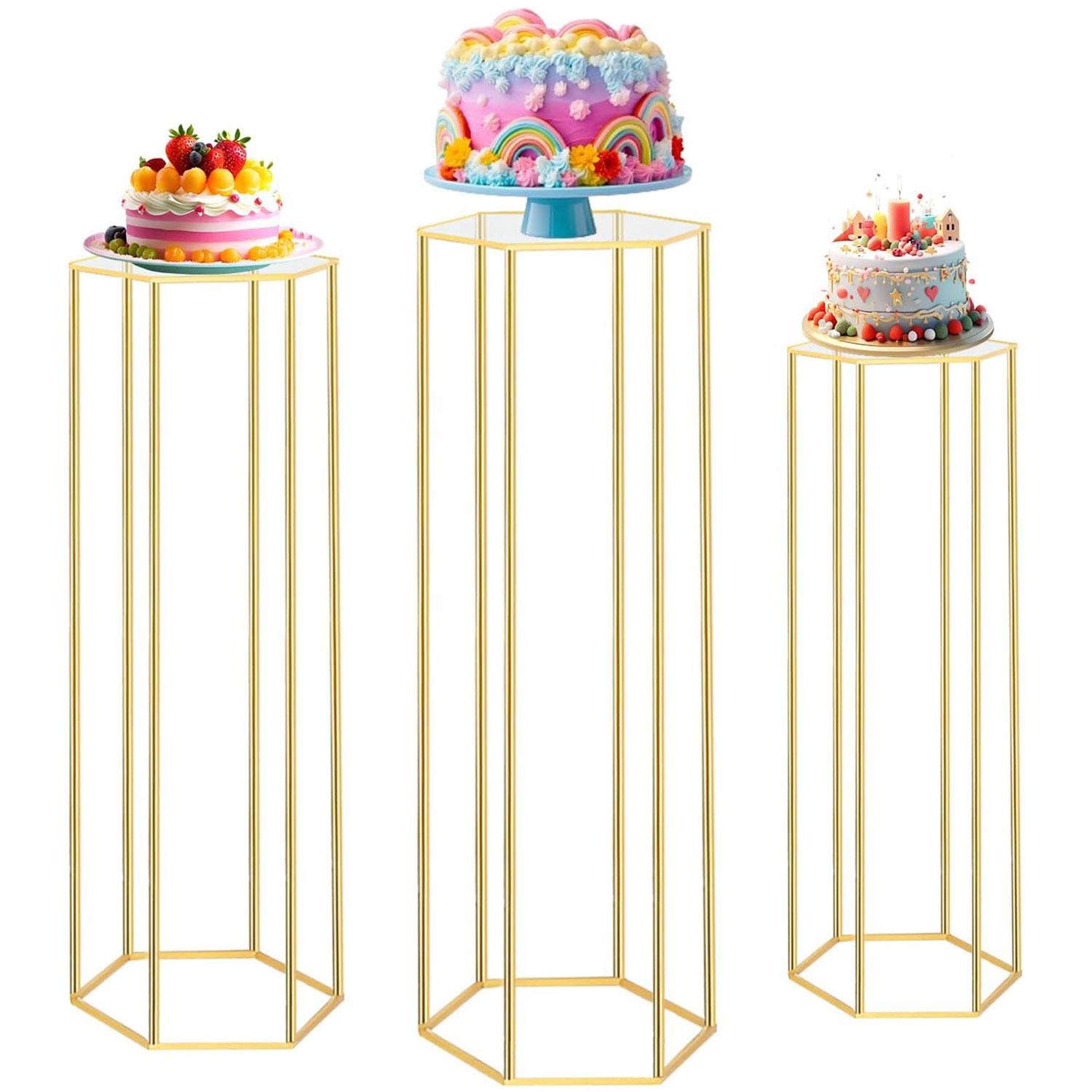 3PCS Cylinder Pedestal Stands for Parties, Hexagon Gold Metal Plant Round Cylinder Stands for Party Flowers, Display Columns Pedestal Stand Cylinder Tables for Vases Birthday Party Backdrop Decorations
