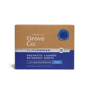 Grove Co. PurePower Enzymatic Laundry Detergent Sheets - 3-in-1 Enzyme Stain Fighting Power, Bio-Based Cleansers, Free of Phosphates & Optical Brighteners, 35 Loads