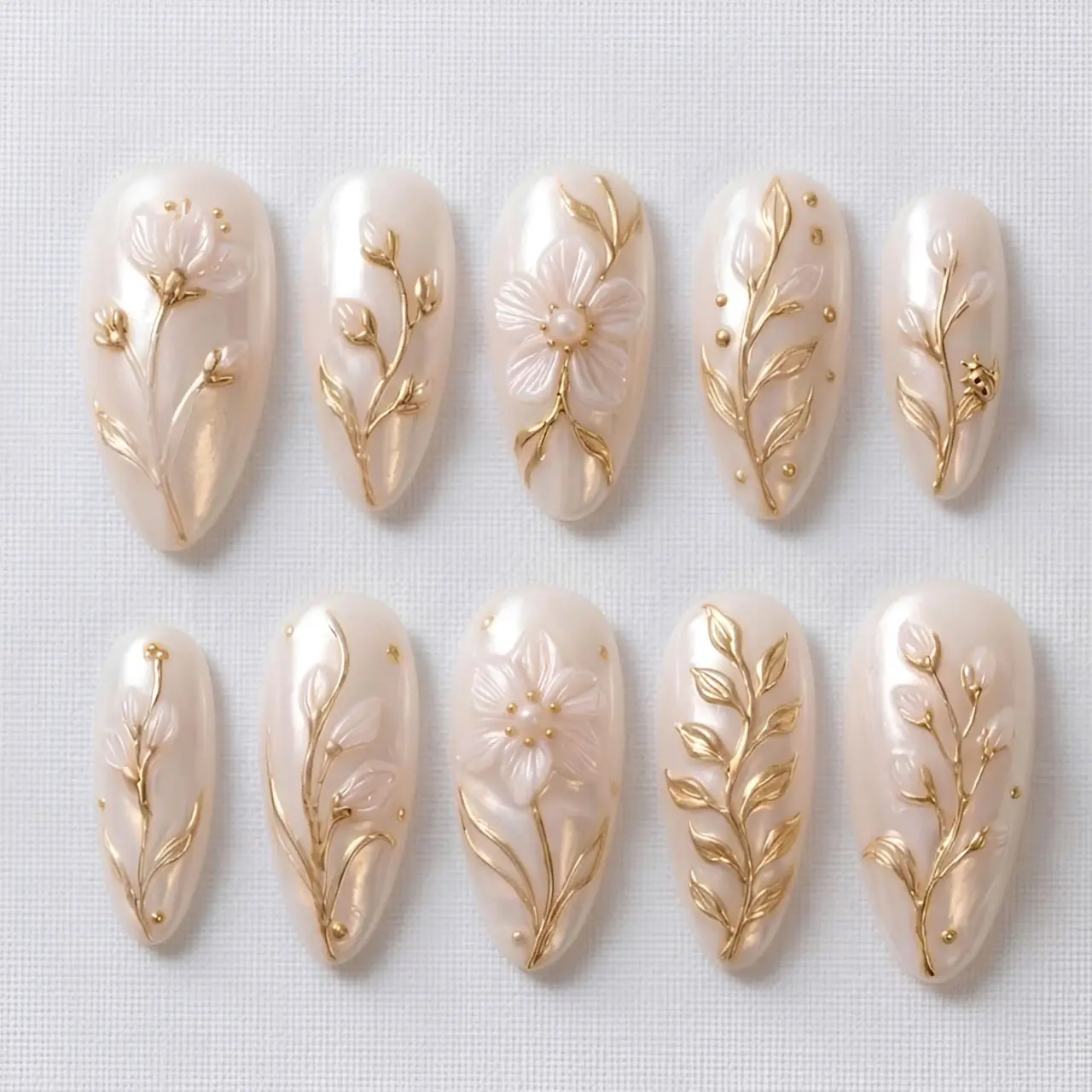Handmade 3D Floral Press On Nails, Gold Relief Botanical Garden Nail Art in Medium Almond, Custom Pearl Fake Nail for Wedding or Holiday