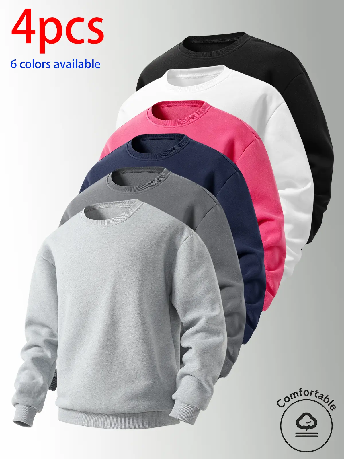 4-Pack Men’s Sweatshirts, Men’s Casual Tops, Men’s Crewneck Sweatshirts. Loose fit, drop-shoulder long sleeves, pullover top—flattering for all body types. Available in multiple colors; simple solid-color design that’s versatile—suitable for everyday casu