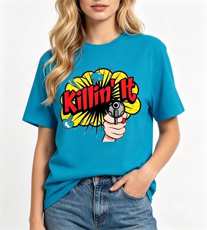 Women's Crew Neck Short Sleeve Graphic Print T-Shirt - Comfortable Blue Retro Comic Streetwear Top, Killin' It Slogan, Lightweight Casual Pop Art Beach Tee #sohochic