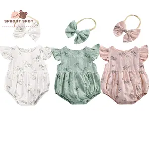 Baby Romper with Headband, Floral Print Round Collar Fly Sleeve Bodysuit+ Hair Band for Girls, Pink/Green