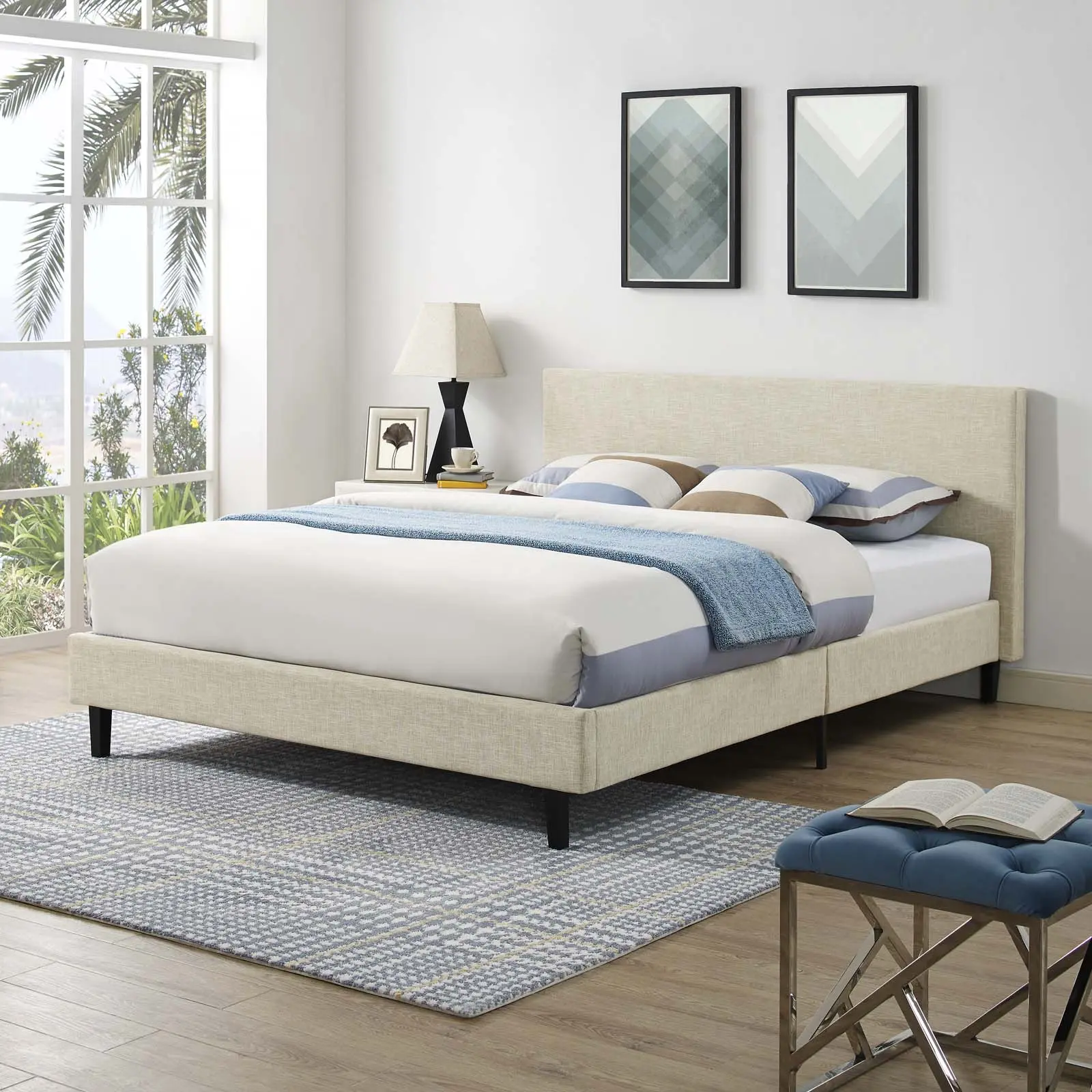 Modway Anya Upholstered Platform Bed - Full Size, 1300 lbs Capacity, Contemporary Beige Fabric Bed Frame with Memory Foam Hybrid Support, Contemporary Upholstered Bed