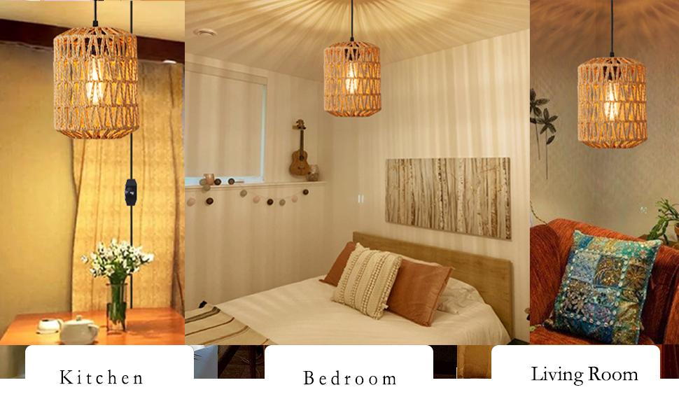 Plug in Pendant Light, Rattan Hanging Lights with Plug in Cord 15ft Dimmable Cord, Hand Woven Wicker Lampshade Hanging Lamp, Boho Plug in Hanging Ceiling Light Fixture for Farmhou Bedroom Plug in Pendant Light, Rattan Hanging Lights with Plug in Cord 15ft Dimmable Cord, Hand Woven Wicker Lampshade Hanging Lamp, Boho Plug in Hanging Ceiling Light Fixture for Farmhou Bedroom