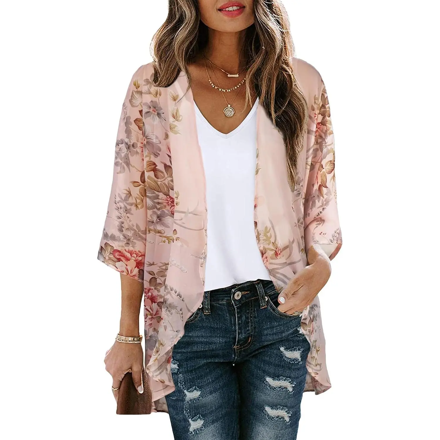 Women's Floral Print Kimono Cardigan - Lightweight Sheer Puff Sleeve Loose-Fitting Open Front Cover Up, Tropical Clothes for Beach Vacation, Workwear, Hand Wash Only, Honeymoon Gift for Wife, Classic Fashion