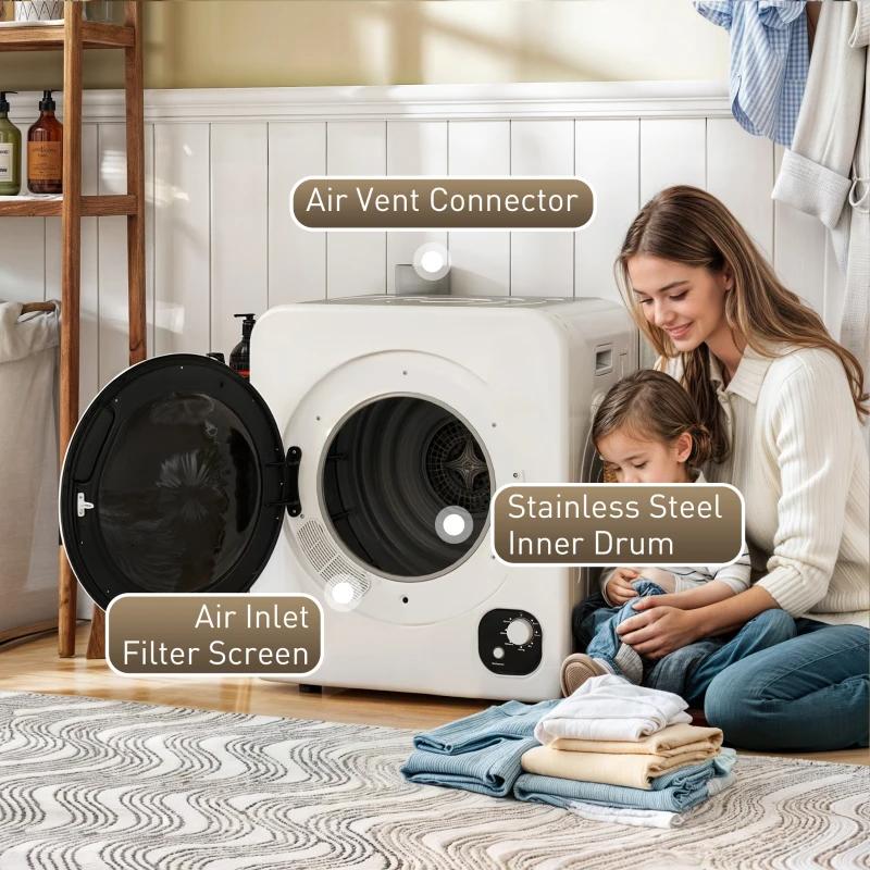 HOMCOM 120V Portable Clothes Dryer 1300W Compact Laundry Tumble Dryer Machine 3.3 Cu. Ft Stainless Steel Tub White Small Clothes Drying Machine with 4 Programs & Quiet Operation