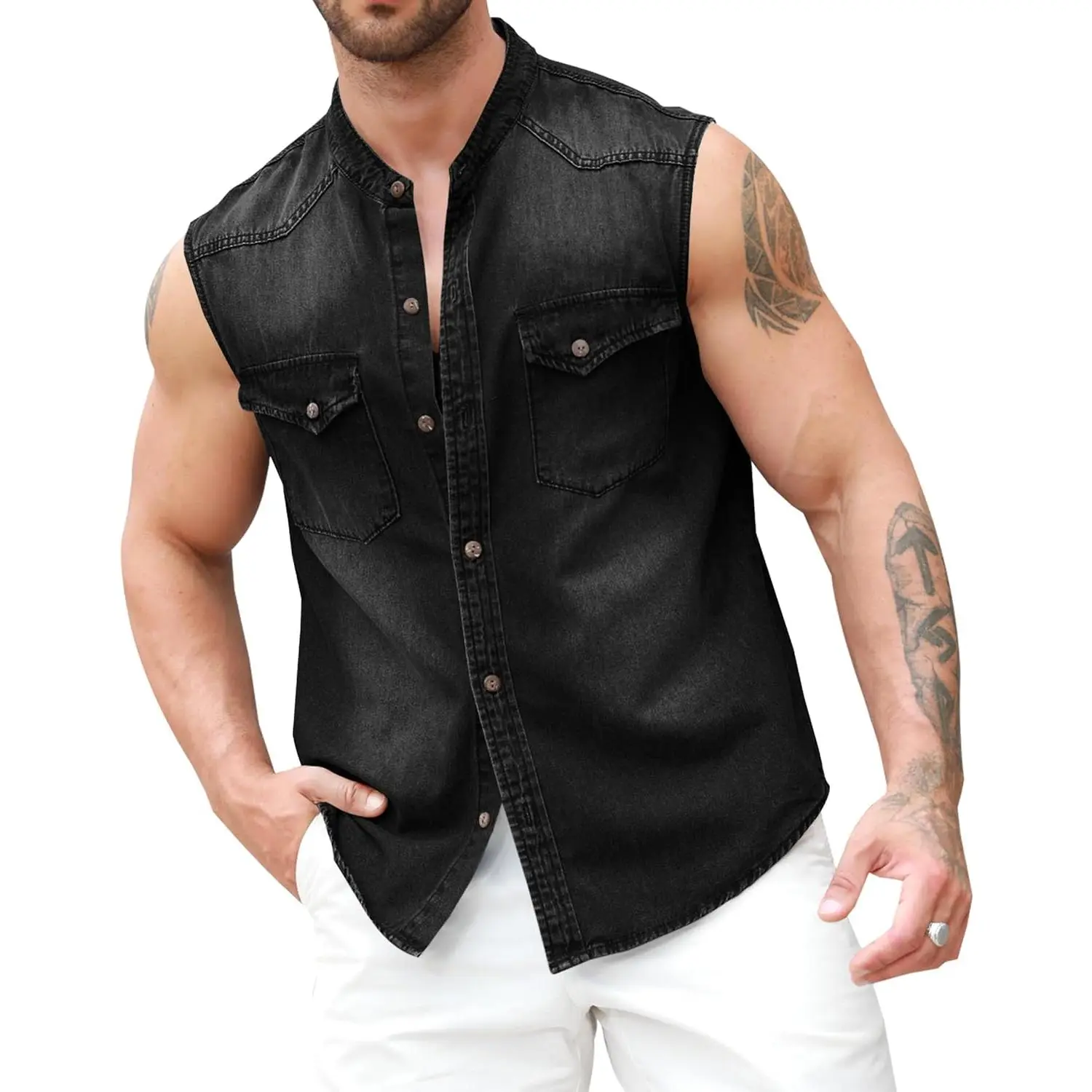 PASLTER Mens Denim Vest - Menswear Sleeveless Button-Down Slim Fit Cotton Work Vest Top with Pockets, Plain Casual Wear Tank Top