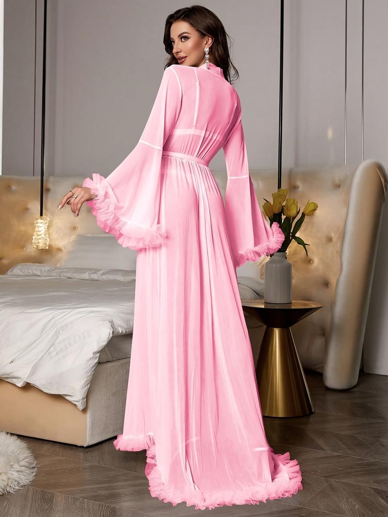Women’s Pink Plush Lace Nightgown – Long Sleeve Semi-Sheer Robe with Belt, Elegant Sleepwear