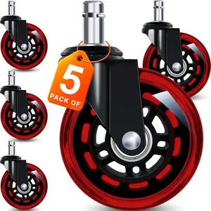Office Chair Wheels for Casters Replacement - 3" Rubber Wheels for Computer Gaming Desk Caster Smooth & Safe Rolling for All Floors Including Hardwood and Carpet - Set of 5 - Red