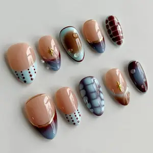 Blue Brown Crocodile Print Press On Nails, Animal Pattern Aesthetic Nails, Handmade Gel Faux Acrylic Nails, Reusable Full Cover Nail Set