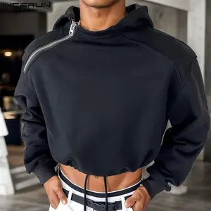 INCERUN Men Hoodies Solid Color Zipper Hooded Long Sleeve Sweatshirts Streetwear Crop Tops