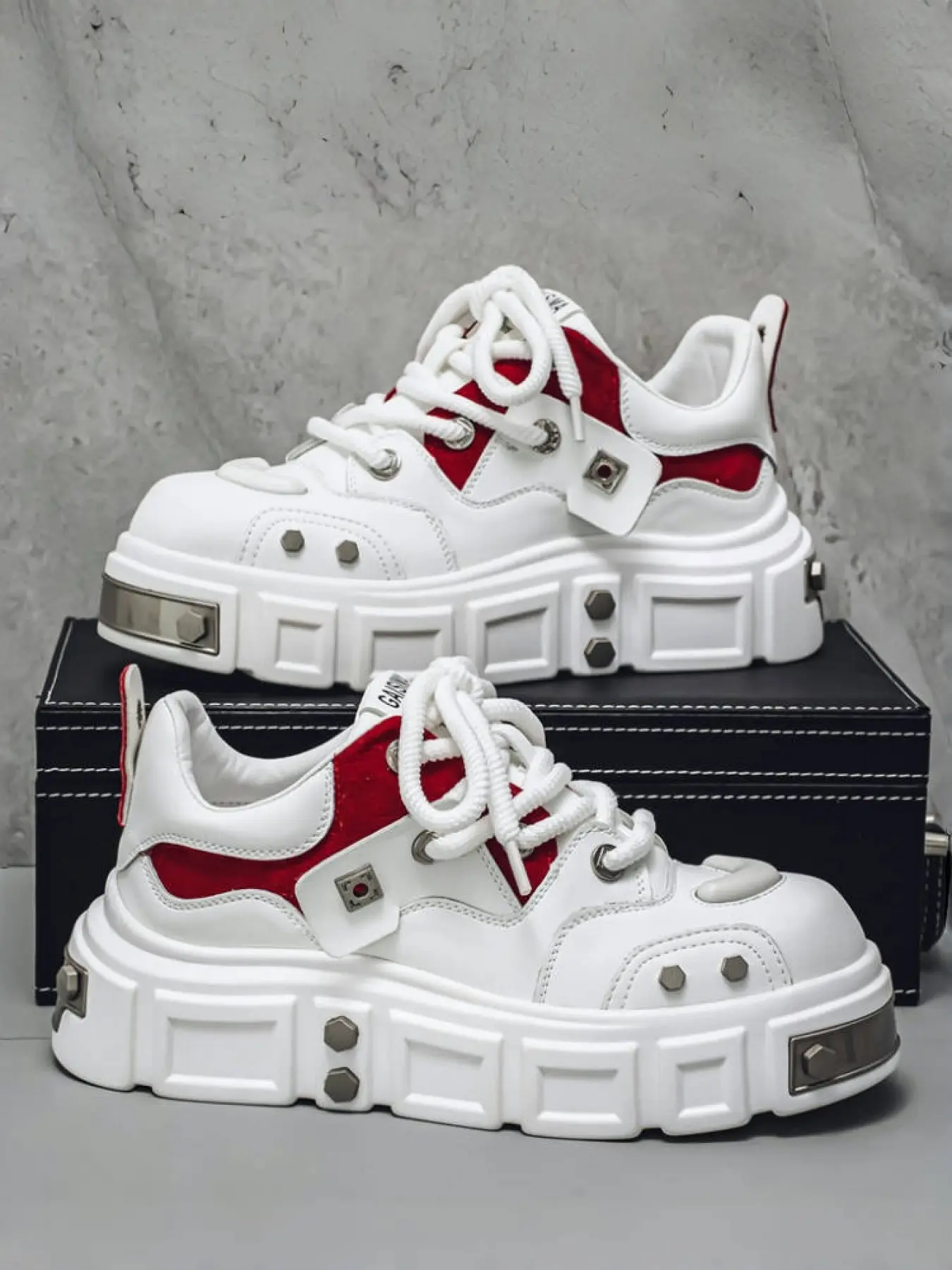2-Color Heavy Metal Thick-Sole Punk Shoes, Sports Shoes, Platform Trainer, Thick Soled Trainers (39-44 Sizing) - Patchwork Texture Upper + Platform Thick Sole + Metal Decorations, For Street Style, Punk Style, Height-Enhancing & Shaping