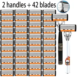 Six Layer Blade Manual Shaver for Men and Women, Stainless Steel System with 2 Handles and 48 Replaceable Blades, Anti-Slip Handle, Razors Set
