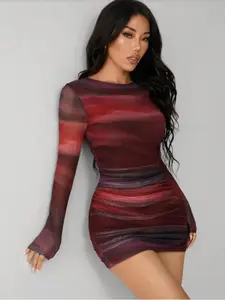 Women's Fashion Tie-Dye Print Ruched Tight Long Sleeve Mini Dress, Elegant Slim-Fitting Spring & Fall Dress, Ombre Pattern, No Ca Prop 65