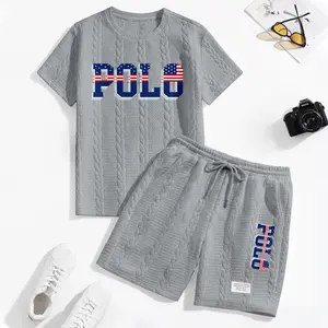 Men's USA Flag Letter Graphic Textured Fabric Drawstring Waist Shorts Set 2 Counts, Short Sleeve T-Shirt & Pocket Track Shorts, Casual Fashion Cozy Men Two-Piece Outfits For Spring & Fall