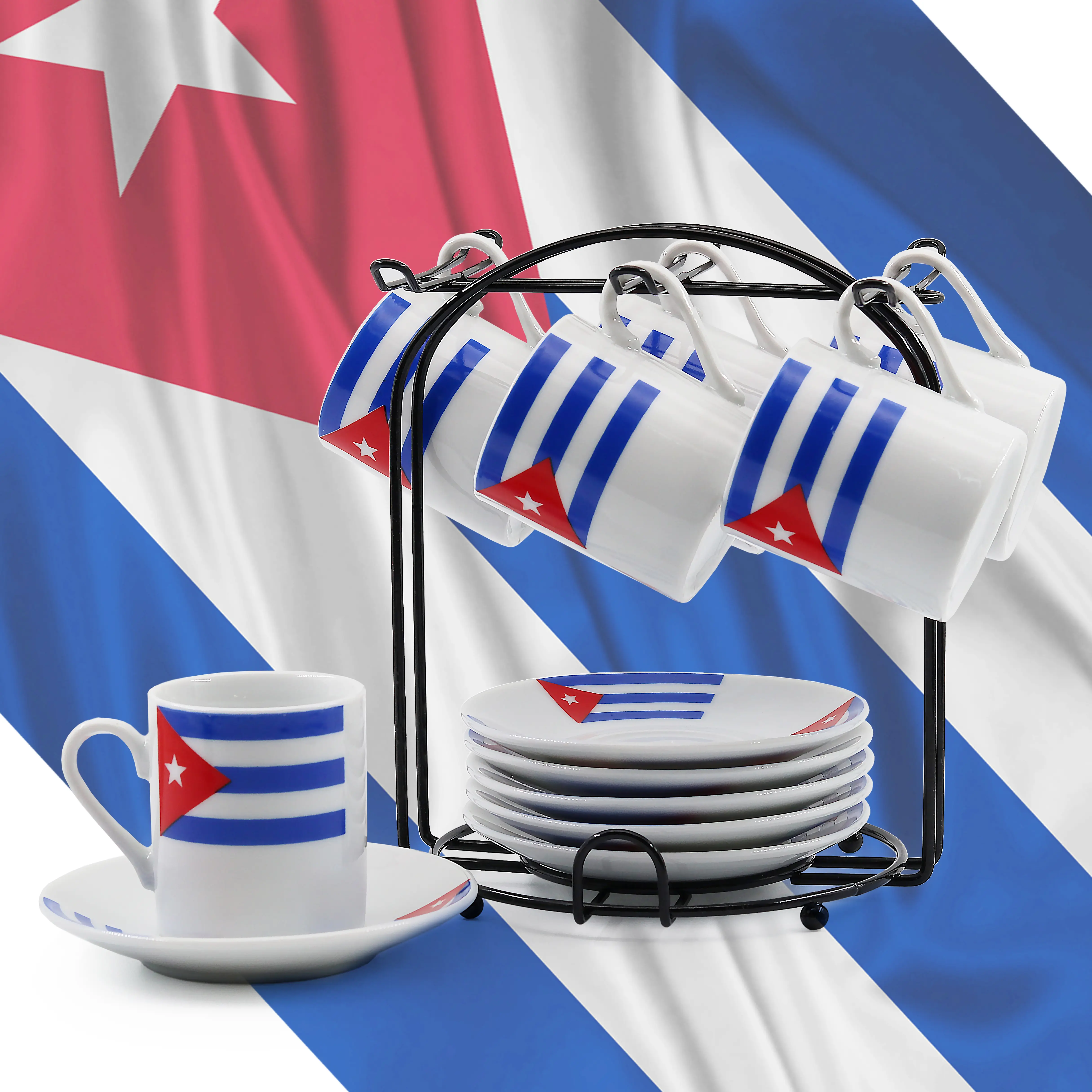Espresso Coffee Set Cuban Flag engraved– 13 Pices (3 oz) White Porcelain Cup & Saucer Set with Chrome Stand