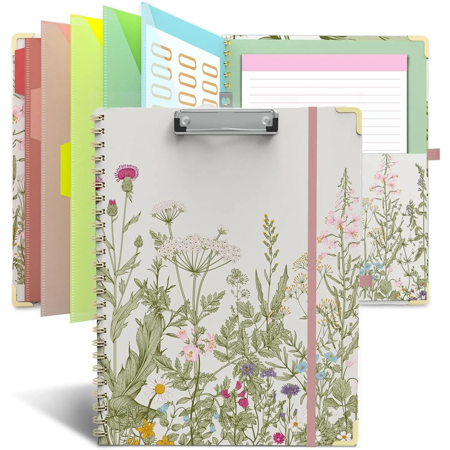 Garden Foldable Spiral Clipboard, Letter Size (11"x8.5") Refillable Lined Legal Pad, 5 Dividers with 10 Storage Pockets, Durable Metal Reinforced Rounded Edges, 39 File Folder Labels, 5 Extra Plastic Color Folders, Office Supplies, Teachers, Easy To Store