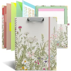 Clipboard Folder with Notepad Refillable Lined for Letter Size (11" x 8.5"), 5 Dividers with Storage 10 Pockets, Cute Spiral Foldable Clipboard with Metal Clip School Office Supplies(Garden )